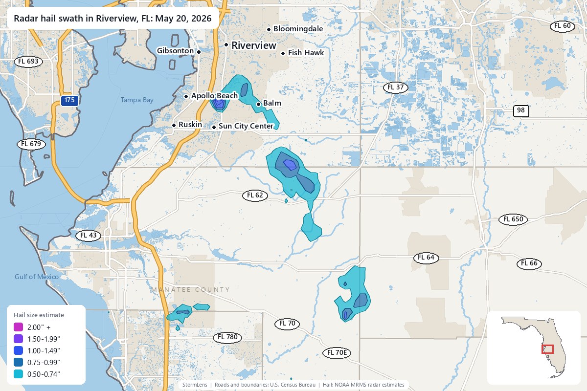 Radar-estimated hail swath in Riverview, FL on May 20, 2026; colors show estimated hail sizes