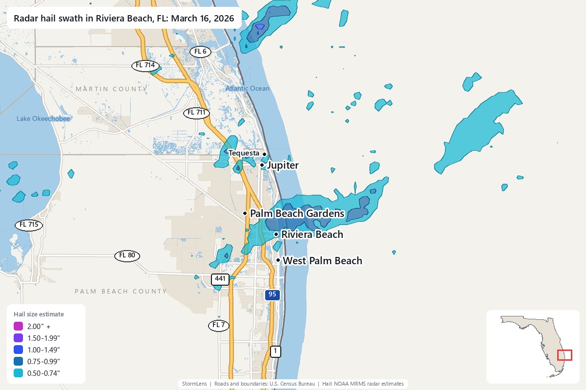Radar-estimated hail swath in Riviera Beach, FL on March 16, 2026; colors show estimated hail sizes