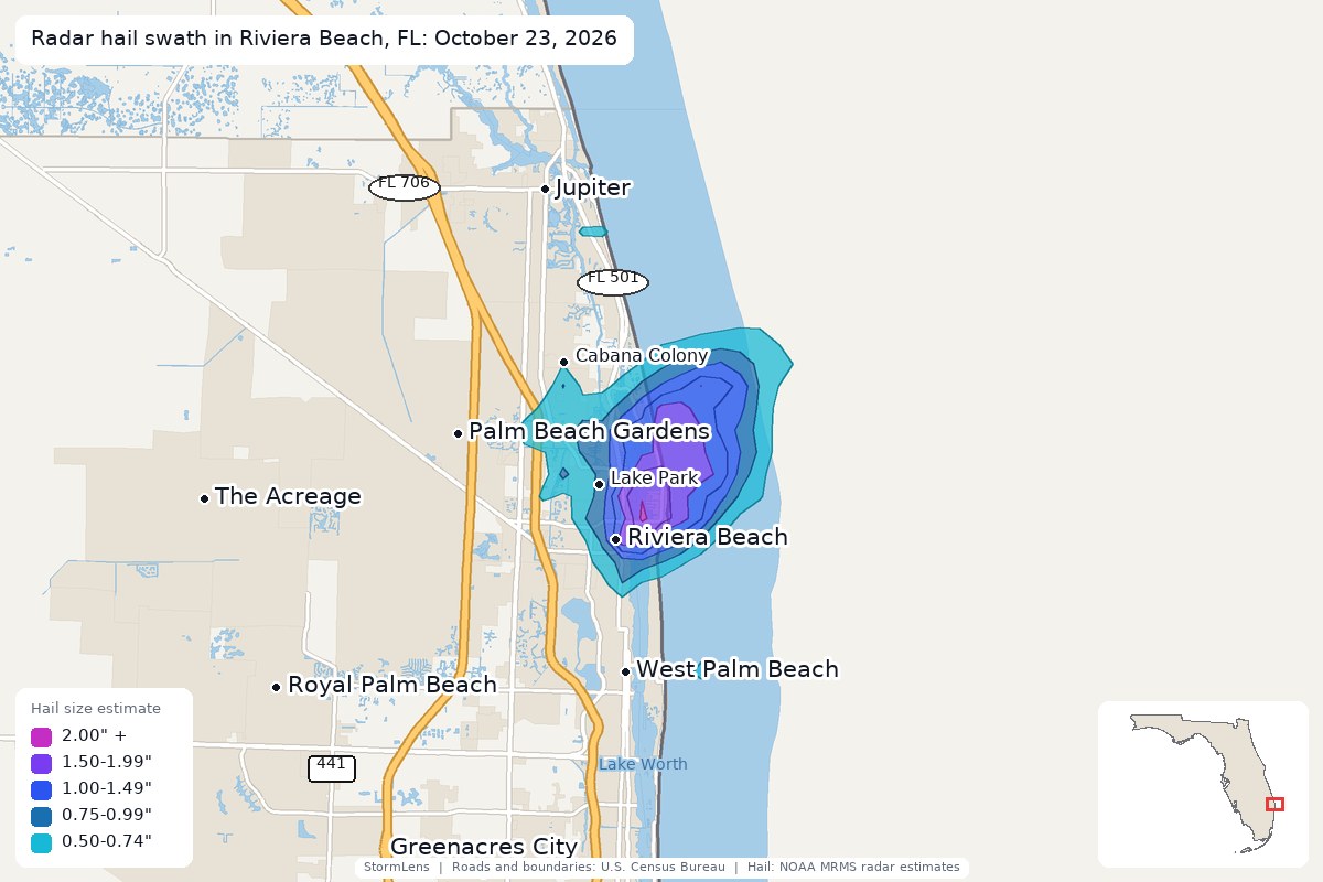 Radar-estimated hail swath in Riviera Beach, FL on October 23, 2026; colors show estimated hail sizes