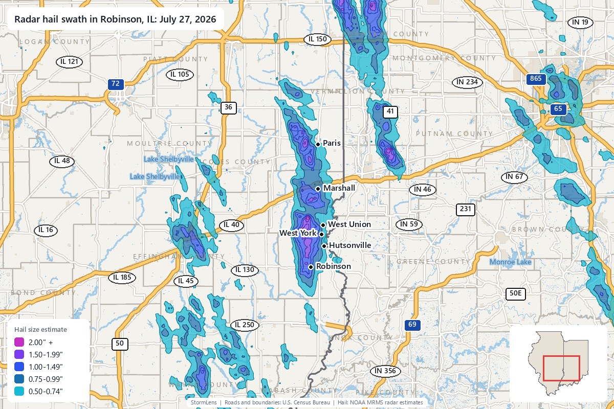 Radar-estimated hail swath in Robinson, IL on July 27, 2026; colors show estimated hail sizes