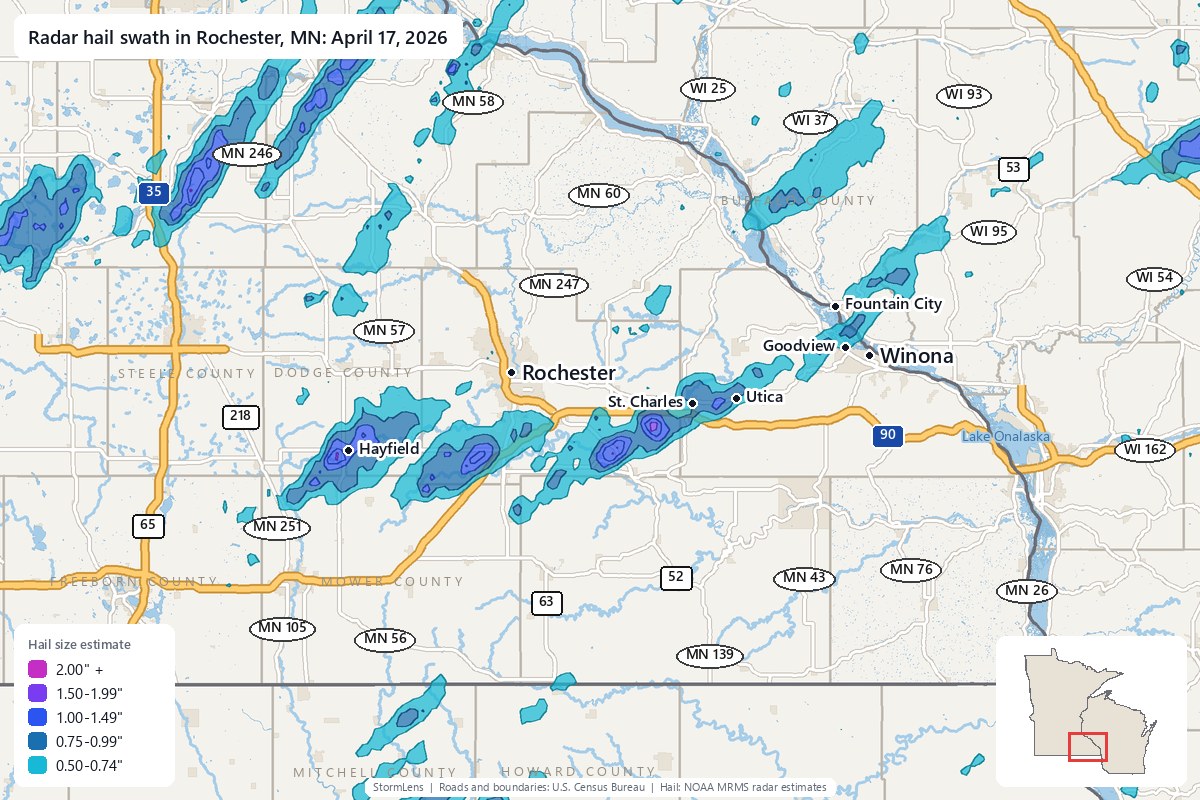 Radar-estimated hail swath in Rochester, MN on April 17, 2026; colors show estimated hail sizes