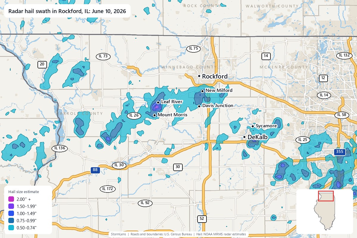 Radar-estimated hail swath in Rockford, IL on June 10, 2026; colors show estimated hail sizes