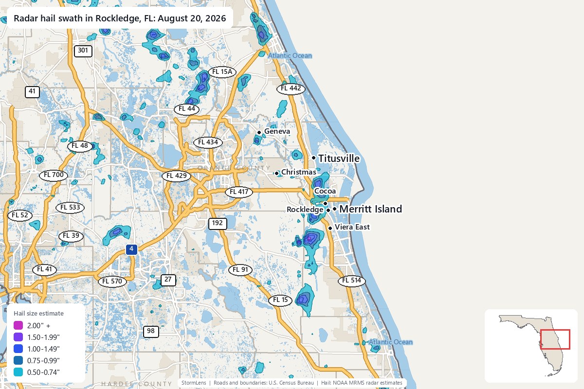 Radar-estimated hail swath in Rockledge, FL on August 20, 2026; colors show estimated hail sizes