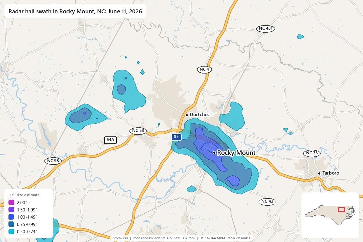 Radar-estimated hail swath in Rocky Mount, NC on June 11, 2026; colors show estimated hail sizes