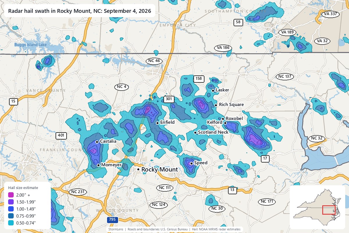 Radar-estimated hail swath in Rocky Mount, NC on September 4, 2026; colors show estimated hail sizes