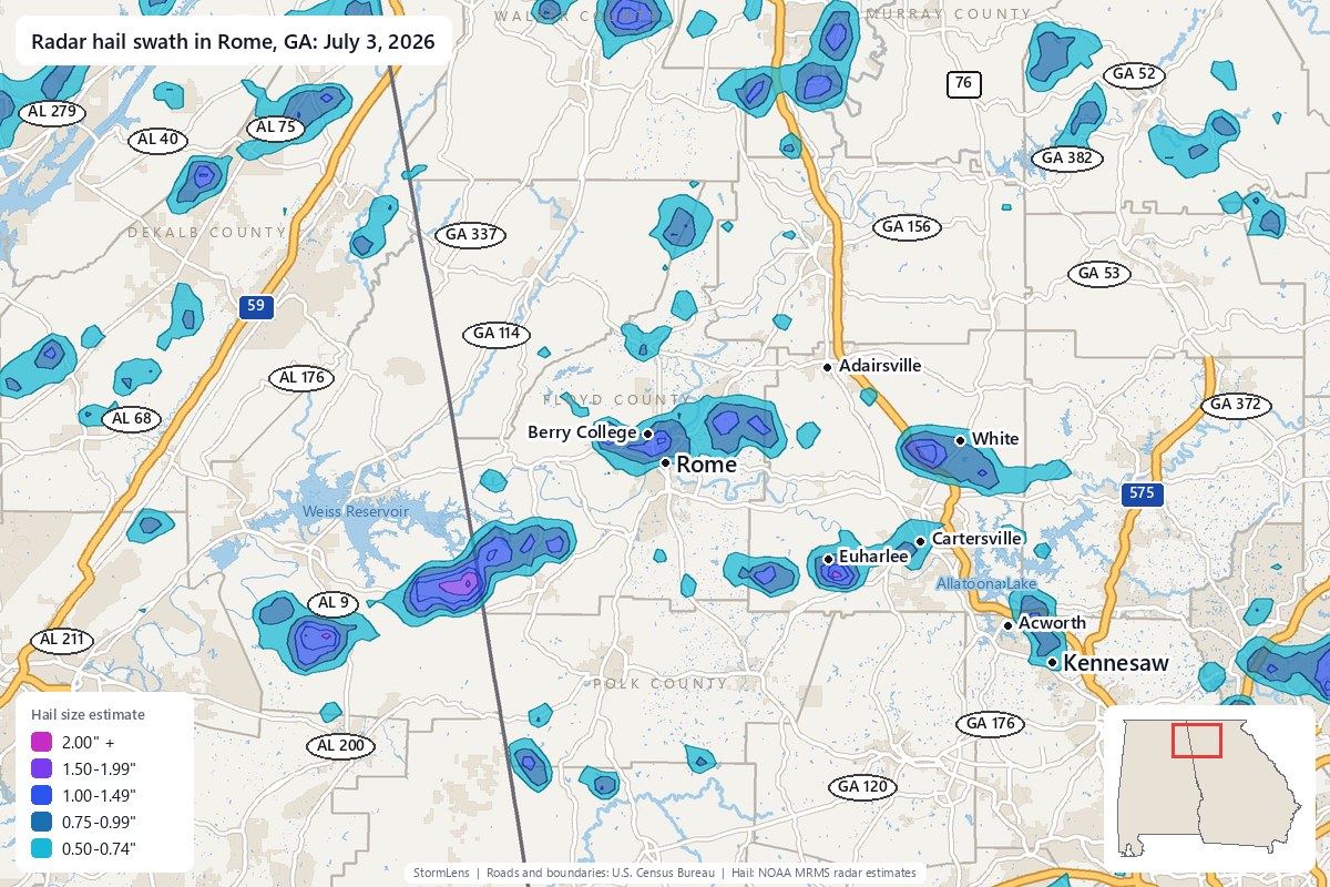Radar-estimated hail swath in Rome, GA on July 3, 2026; colors show estimated hail sizes