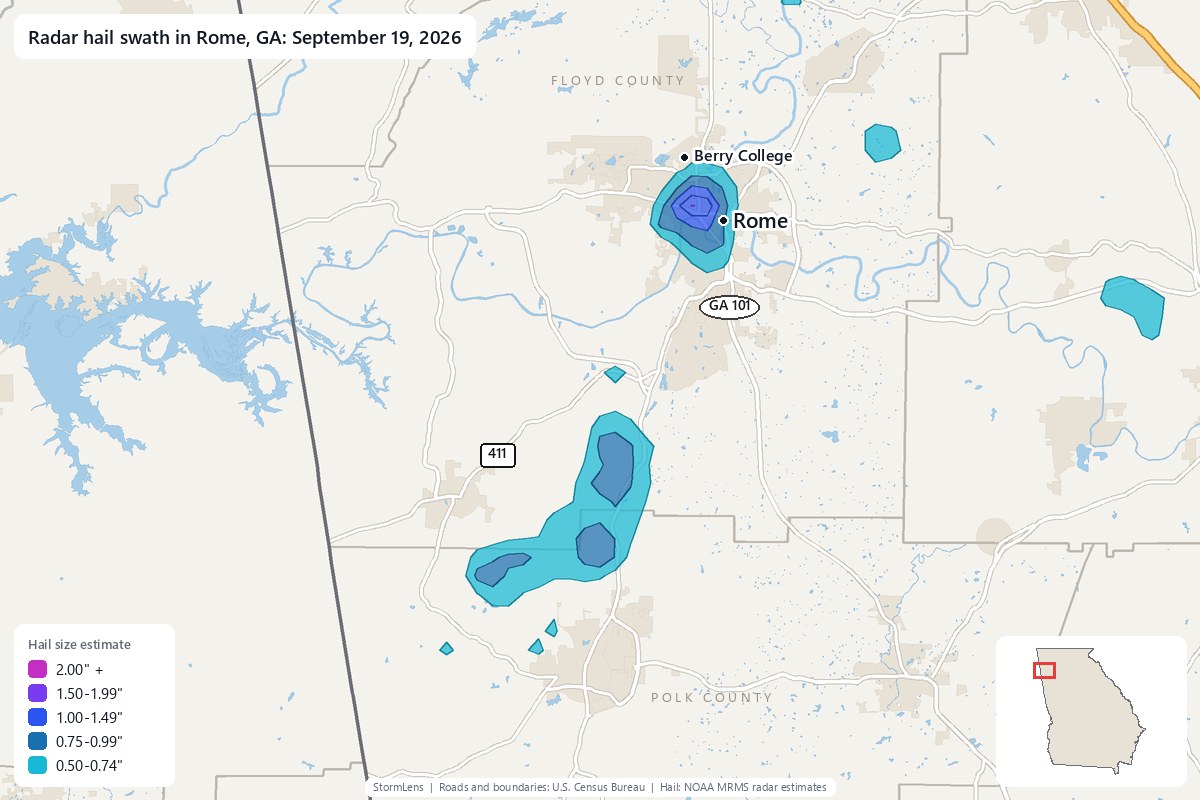 Radar-estimated hail swath in Rome, GA on September 19, 2026; colors show estimated hail sizes