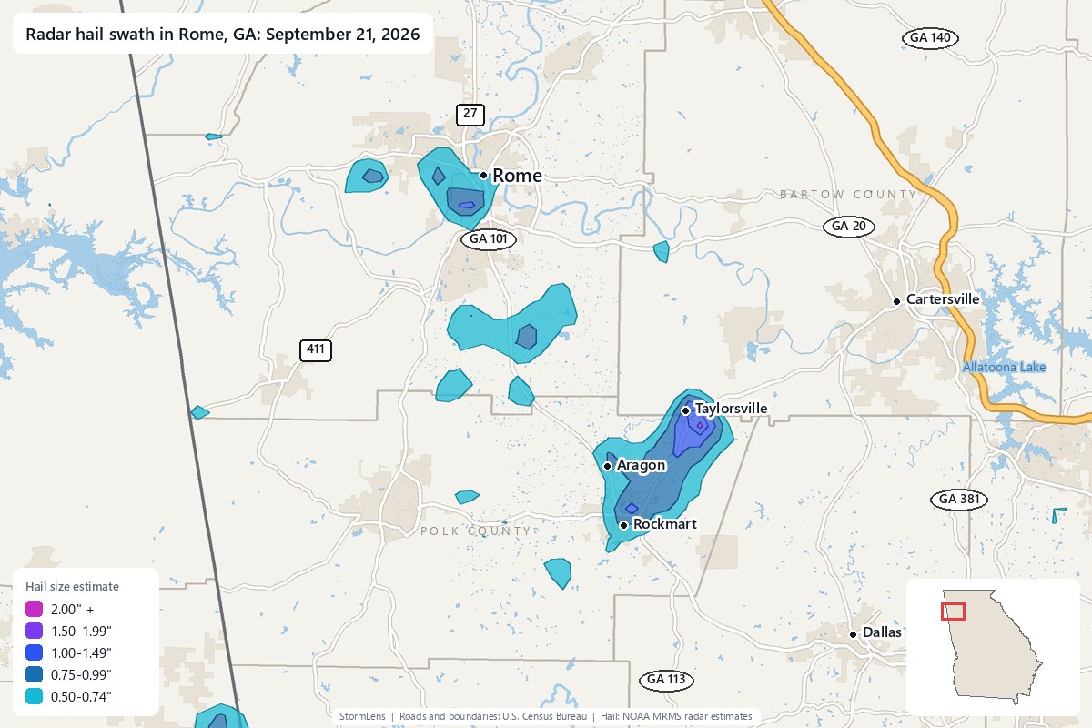 Radar-estimated hail swath in Rome, GA on September 21, 2026; colors show estimated hail sizes