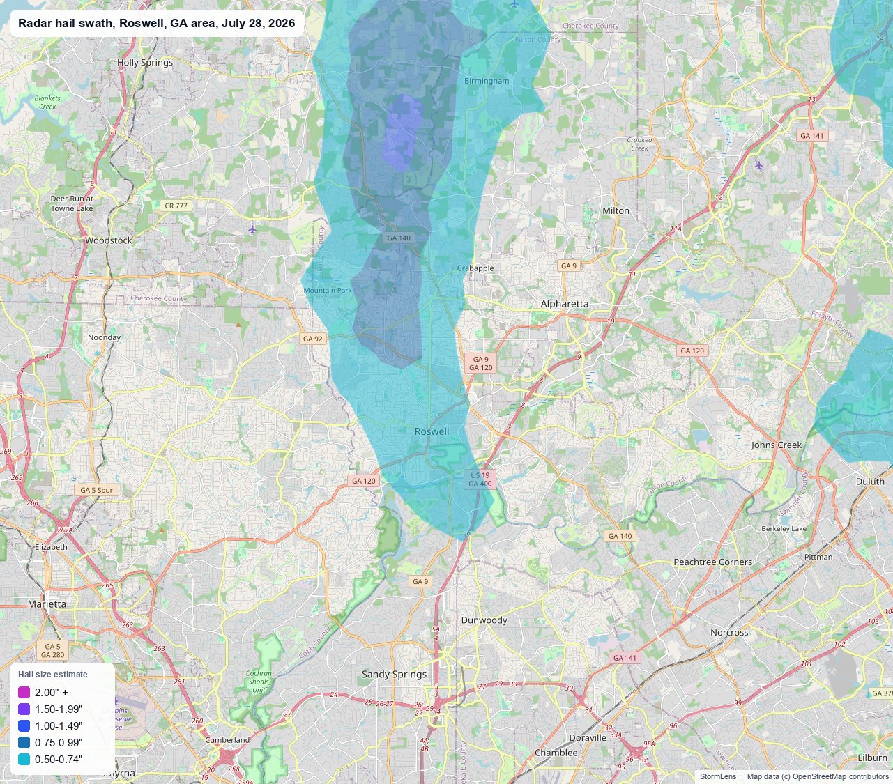 Radar-estimated hail swath near Roswell, GA on July 28, 2026; colors show estimated hail sizes