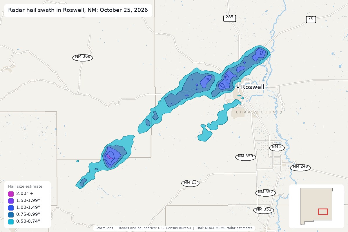 Radar-estimated hail swath in Roswell, NM on October 25, 2026; colors show estimated hail sizes
