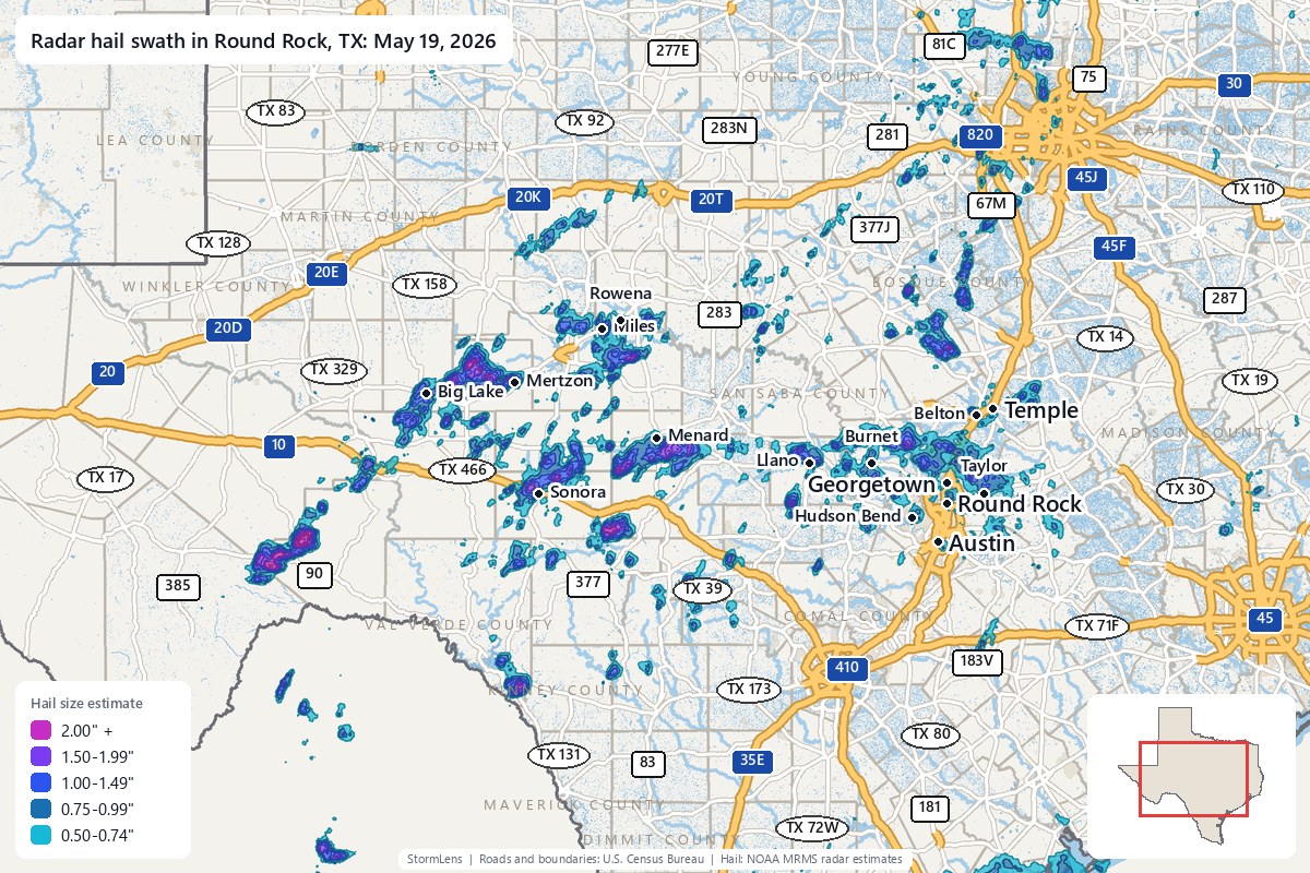 Radar-estimated hail swath in Round Rock, TX on May 19, 2026; colors show estimated hail sizes