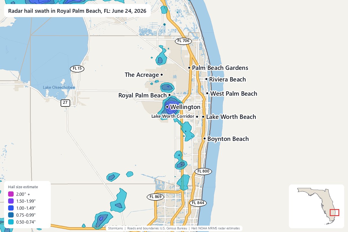 Radar-estimated hail swath in Royal Palm Beach, FL on June 24, 2026; colors show estimated hail sizes