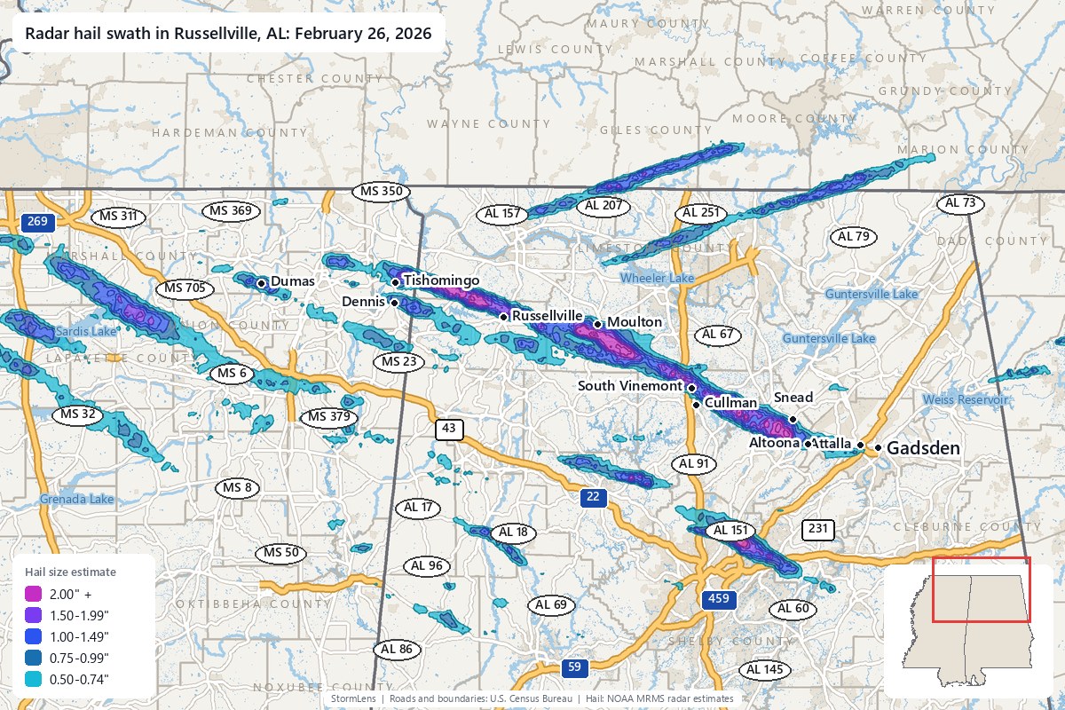Radar-estimated hail swath in Russellville, AL on February 26, 2026; colors show estimated hail sizes
