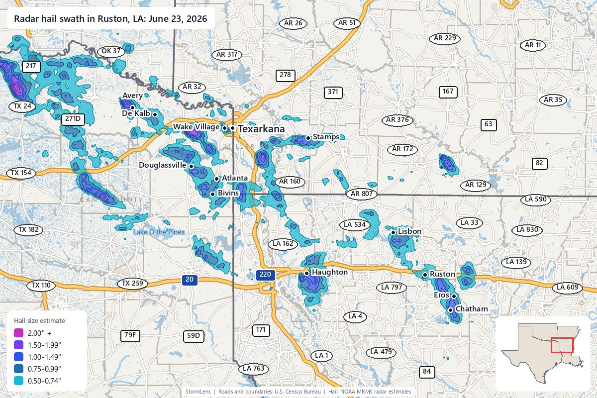 Radar-estimated hail swath in Ruston, LA on June 23, 2026; colors show estimated hail sizes
