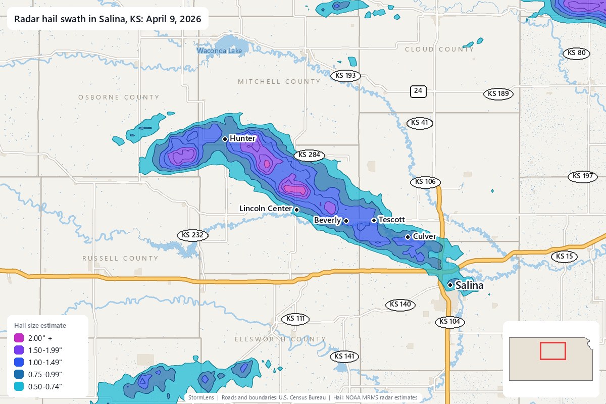Radar-estimated hail swath in Salina, KS on April 9, 2026; colors show estimated hail sizes