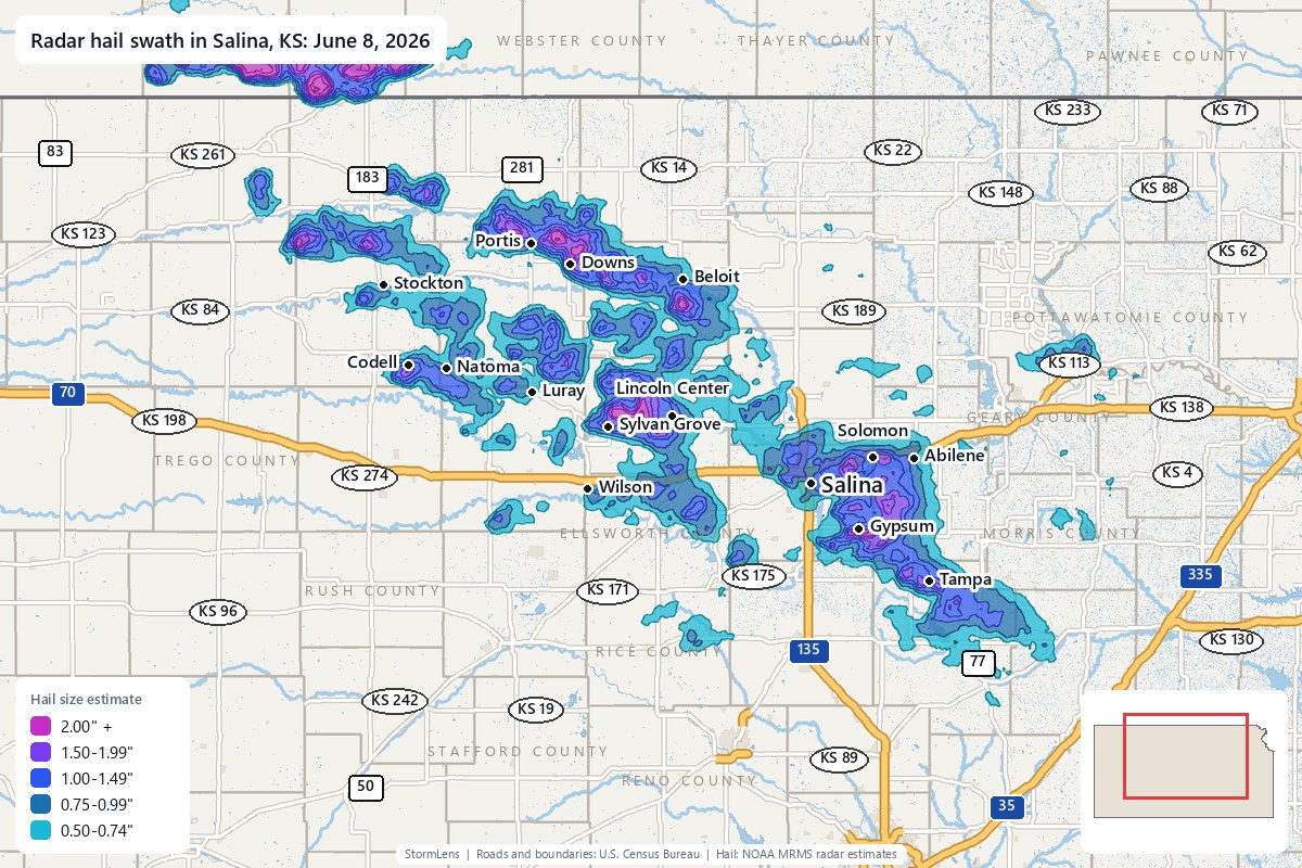 Radar-estimated hail swath in Salina, KS on June 8, 2026; colors show estimated hail sizes
