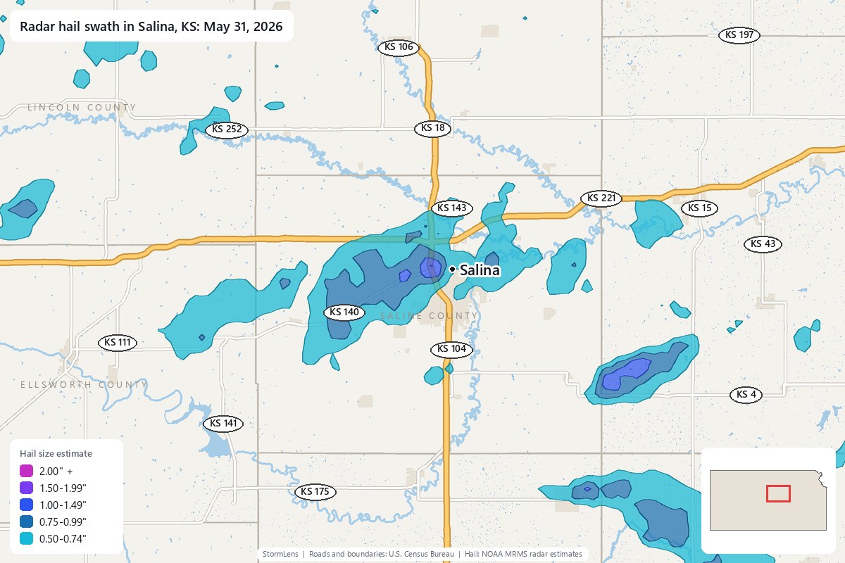 Radar-estimated hail swath in Salina, KS on May 31, 2026; colors show estimated hail sizes