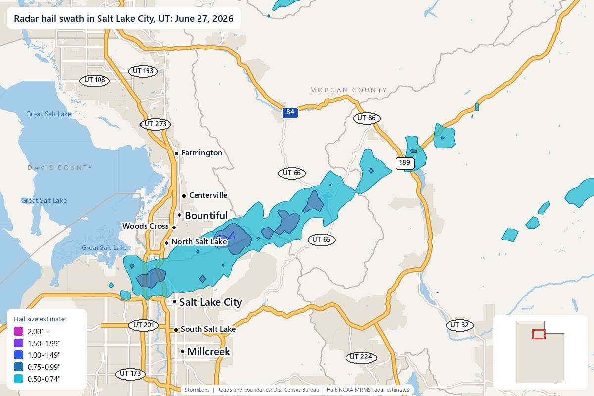 Radar-estimated hail swath in Salt Lake City, UT on June 27, 2026; colors show estimated hail sizes
