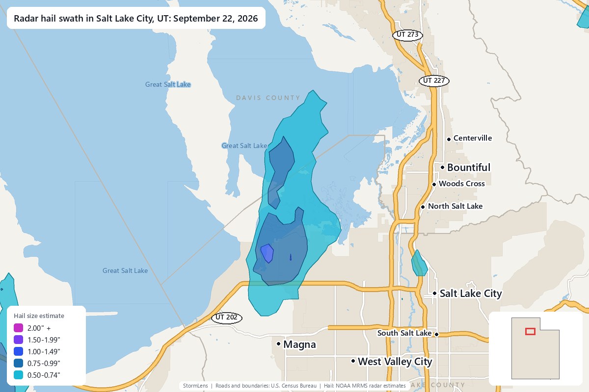 Radar-estimated hail swath in Salt Lake City, UT on September 22, 2026; colors show estimated hail sizes