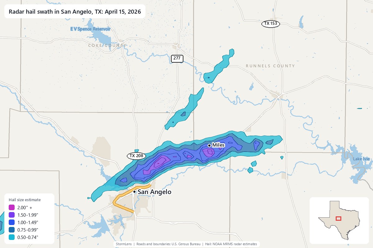 Radar-estimated hail swath in San Angelo, TX on April 15, 2026; colors show estimated hail sizes