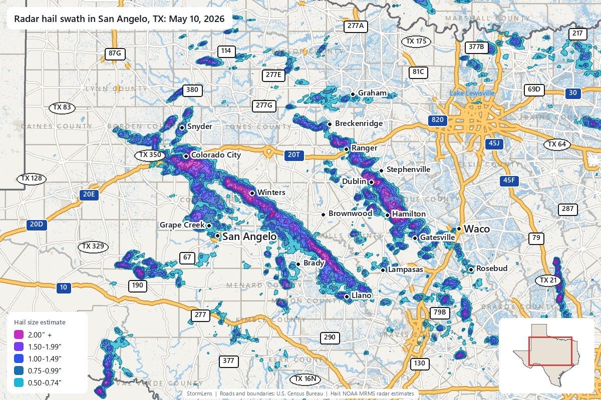 Radar-estimated hail swath in San Angelo, TX on May 10, 2026; colors show estimated hail sizes