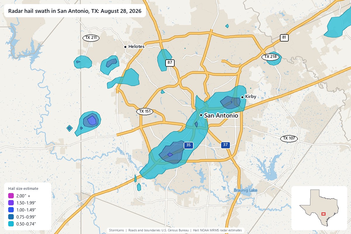 Radar-estimated hail swath in San Antonio, TX on August 28, 2026; colors show estimated hail sizes