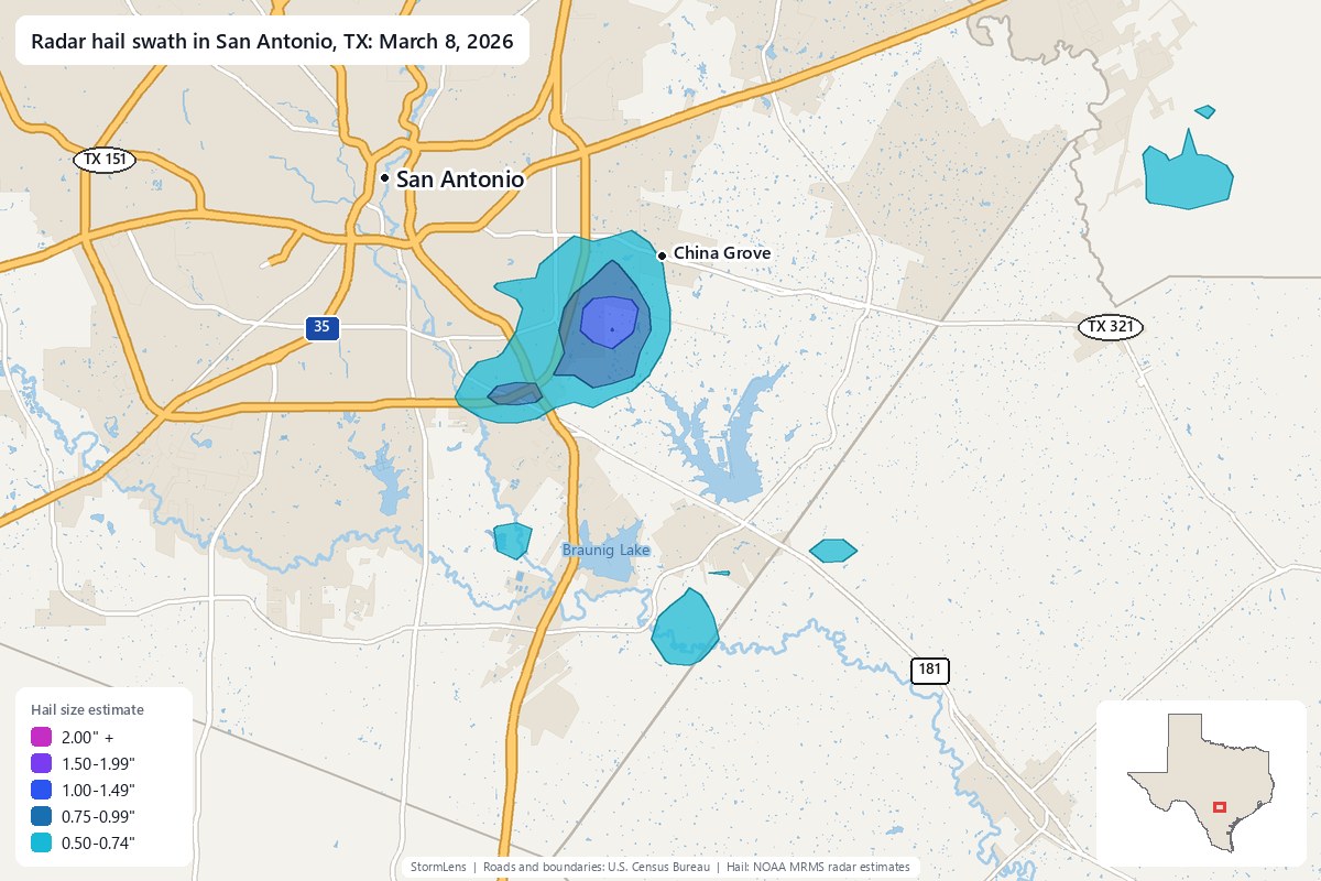Radar-estimated hail swath in San Antonio, TX on March 8, 2026; colors show estimated hail sizes