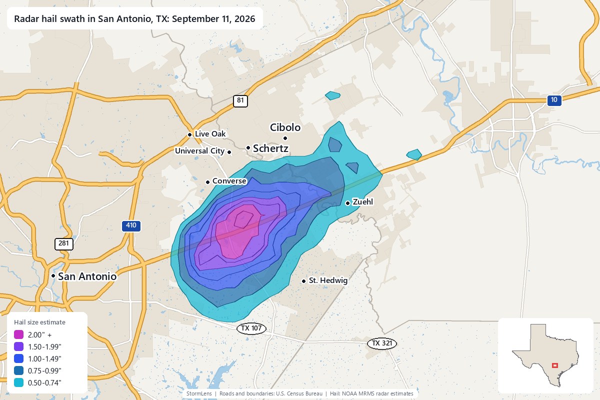 Radar-estimated hail swath in San Antonio, TX on September 11, 2026; colors show estimated hail sizes