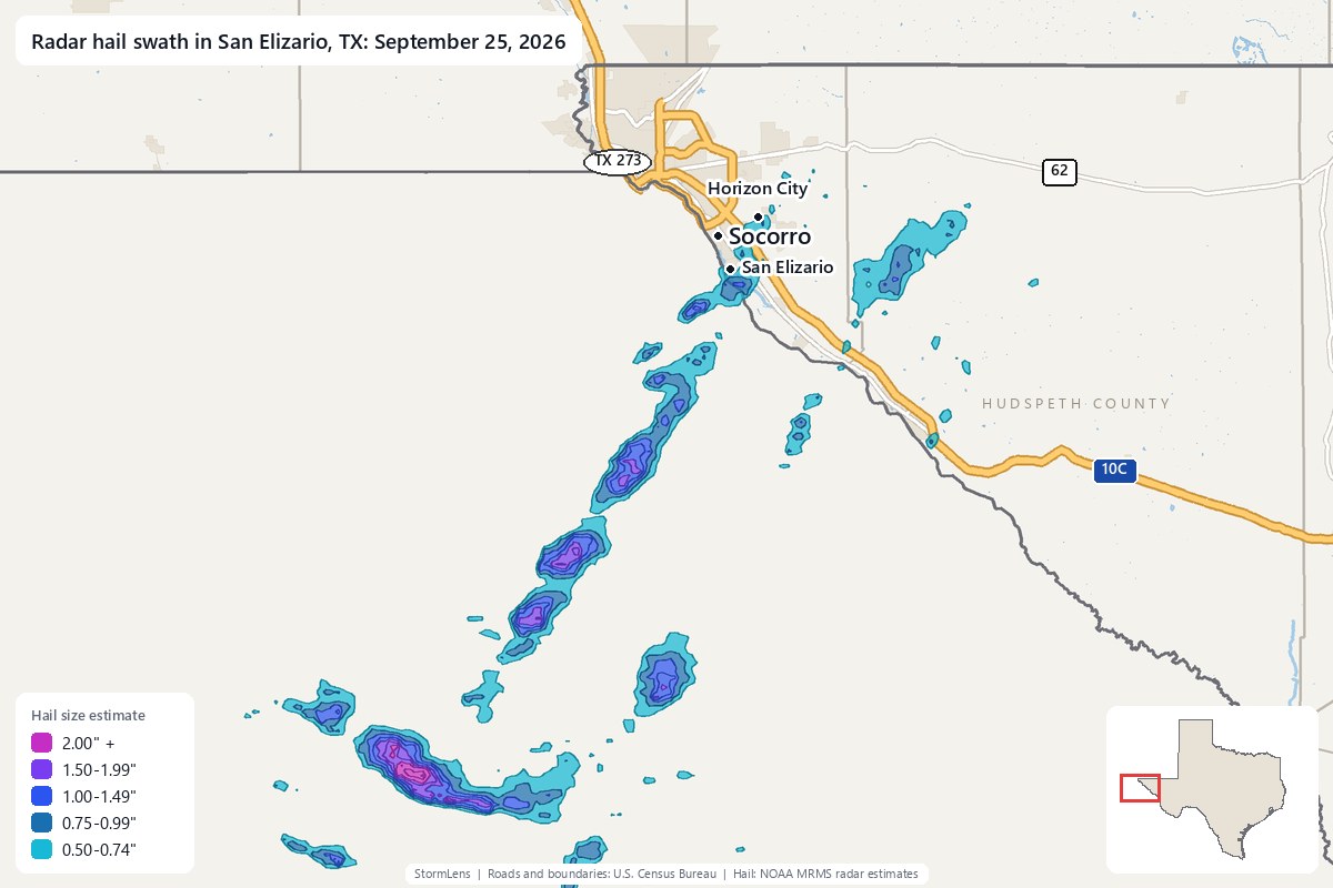 Radar-estimated hail swath in San Elizario, TX on September 25, 2026; colors show estimated hail sizes