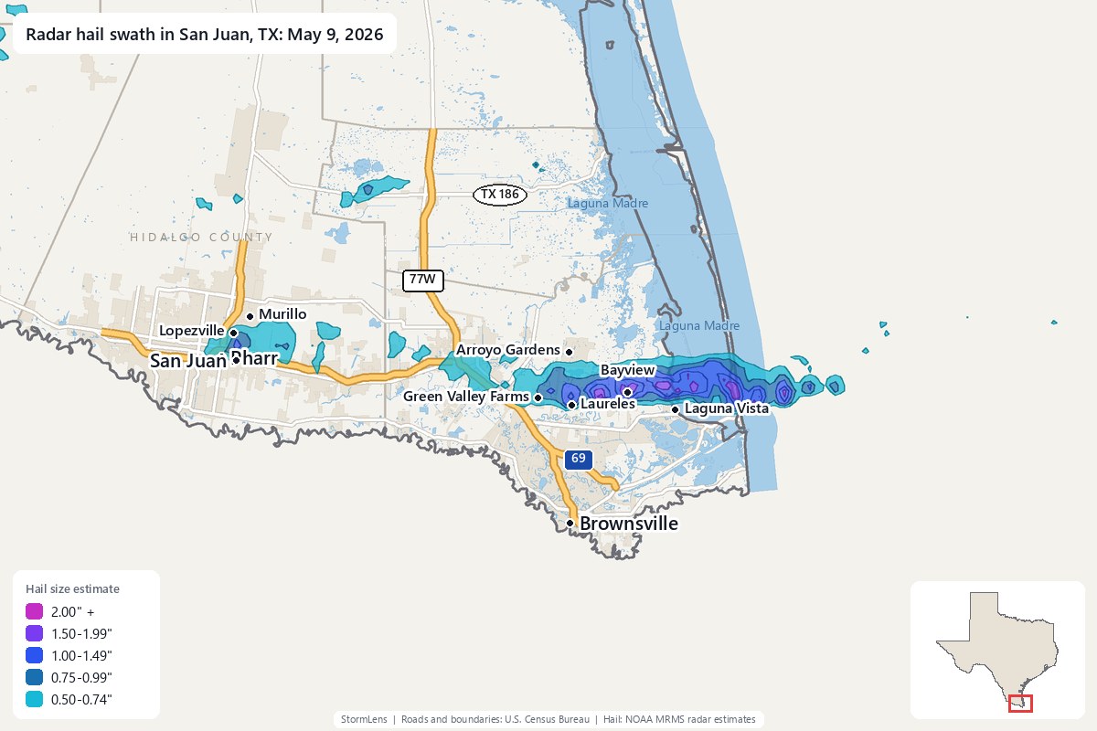 Radar-estimated hail swath in San Juan, TX on May 9, 2026; colors show estimated hail sizes