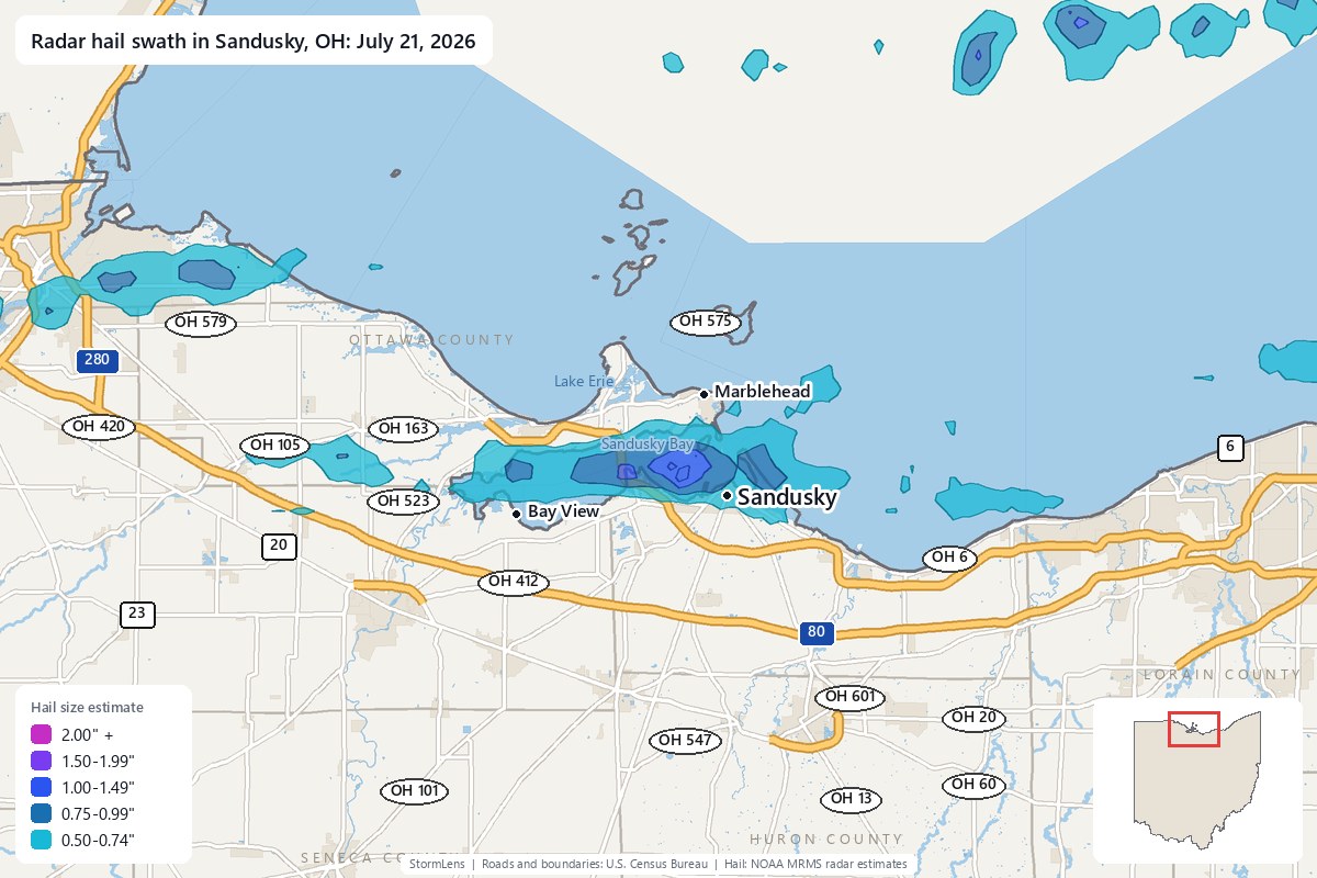 Radar-estimated hail swath in Sandusky, OH on July 21, 2026; colors show estimated hail sizes