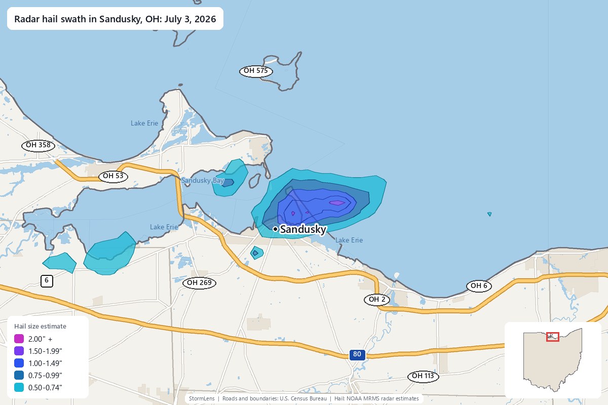 Radar-estimated hail swath in Sandusky, OH on July 3, 2026; colors show estimated hail sizes