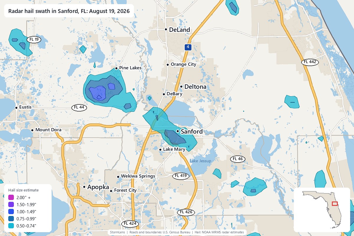 Radar-estimated hail swath in Sanford, FL on August 19, 2026; colors show estimated hail sizes