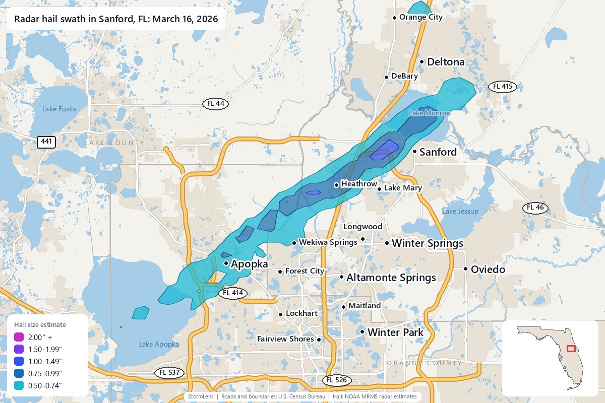 Radar-estimated hail swath in Sanford, FL on March 16, 2026; colors show estimated hail sizes
