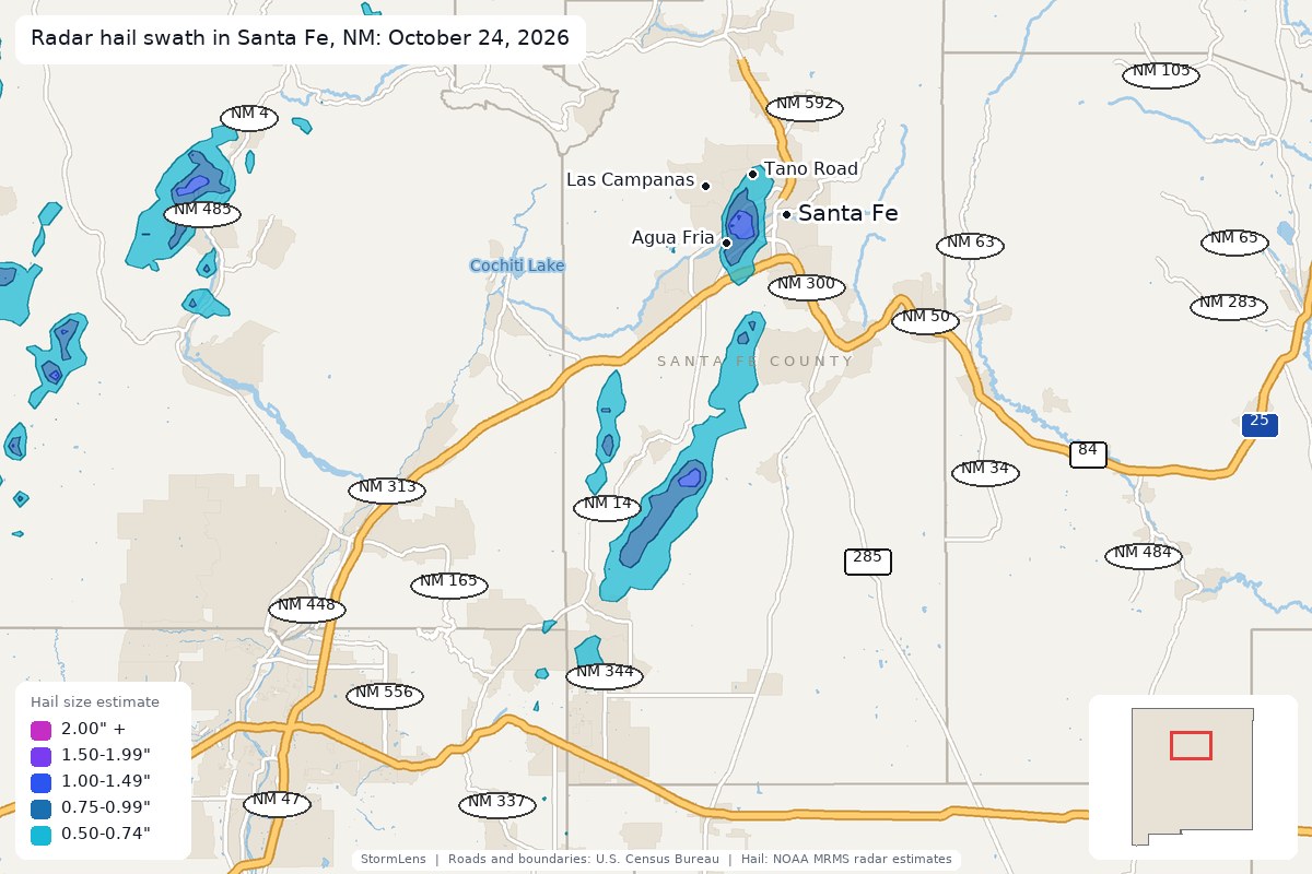 Radar-estimated hail swath in Santa Fe, NM on October 24, 2026; colors show estimated hail sizes