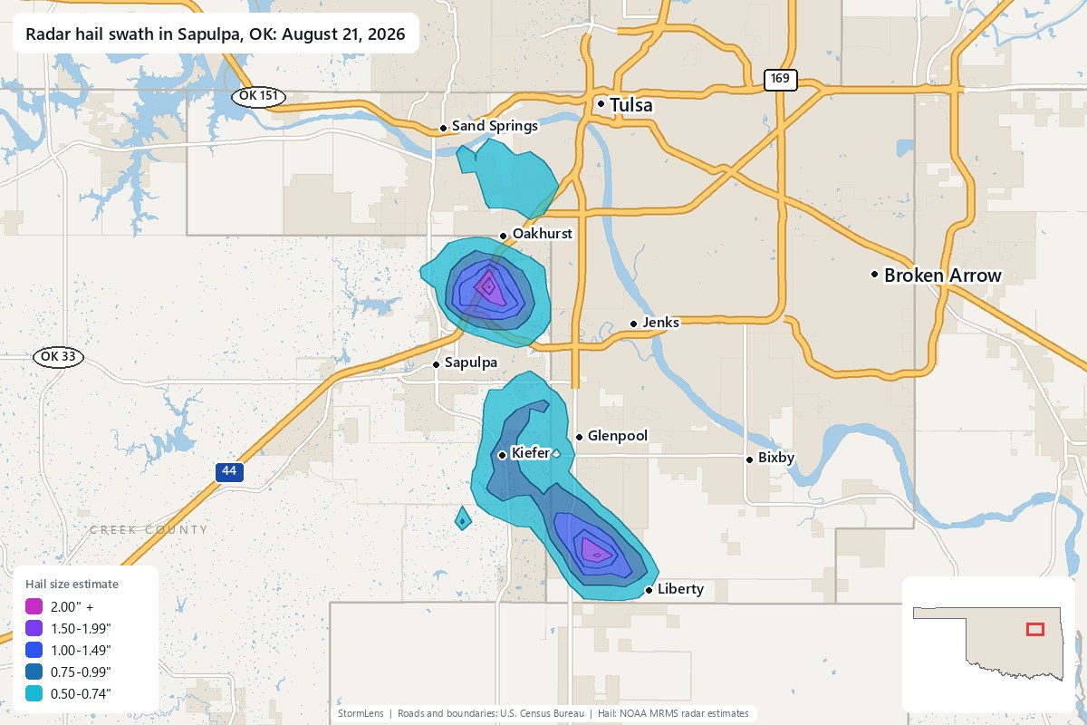 Radar-estimated hail swath in Sapulpa, OK on August 21, 2026; colors show estimated hail sizes