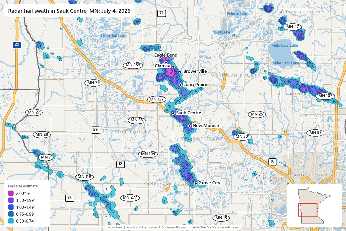 Radar-estimated hail swath in Sauk Centre, MN on July 4, 2026; colors show estimated hail sizes