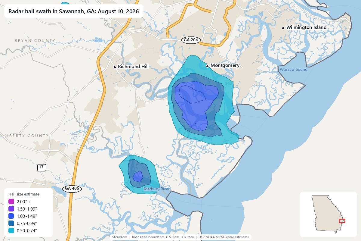 Radar-estimated hail swath in Savannah, GA on August 10, 2026; colors show estimated hail sizes