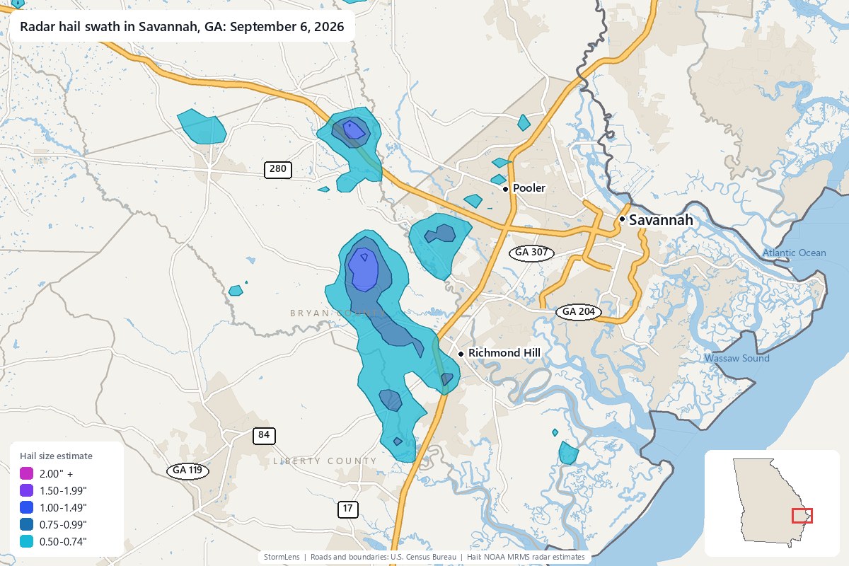 Radar-estimated hail swath in Savannah, GA on September 6, 2026; colors show estimated hail sizes