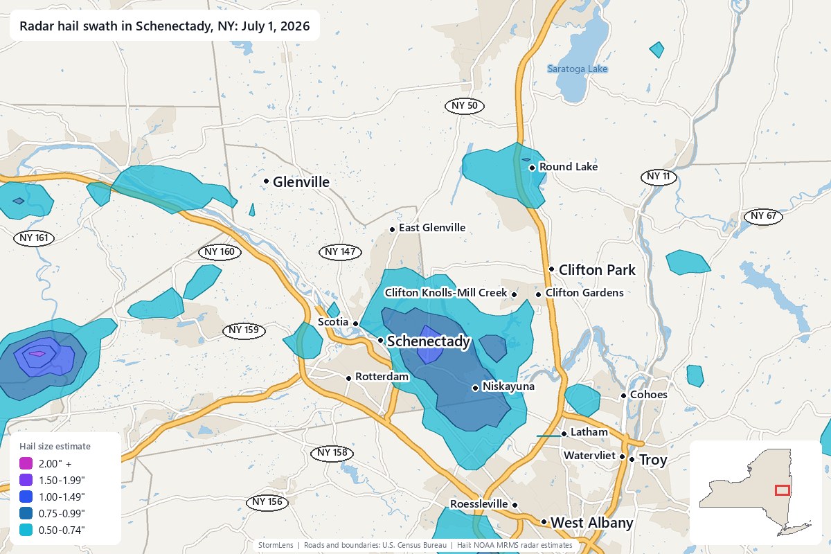 Radar-estimated hail swath in Schenectady, NY on July 1, 2026; colors show estimated hail sizes