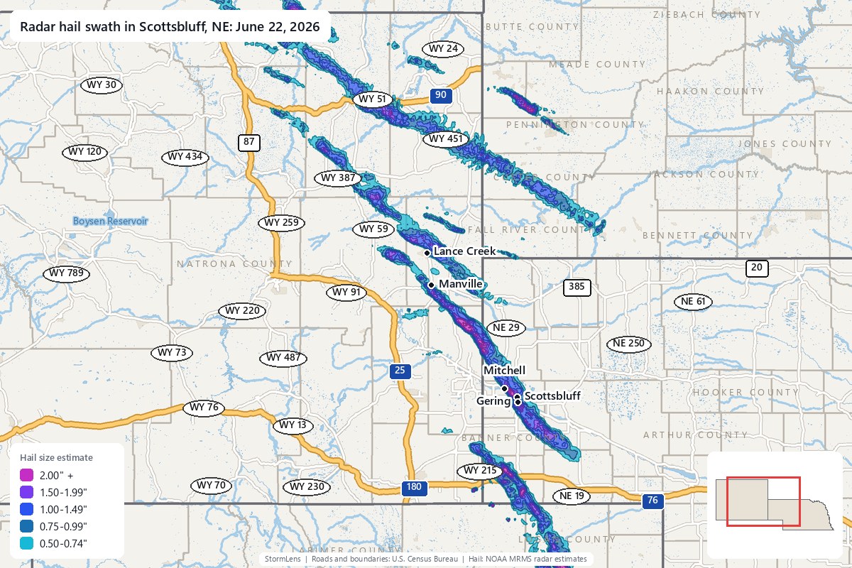 Radar-estimated hail swath in Scottsbluff, NE on June 22, 2026; colors show estimated hail sizes