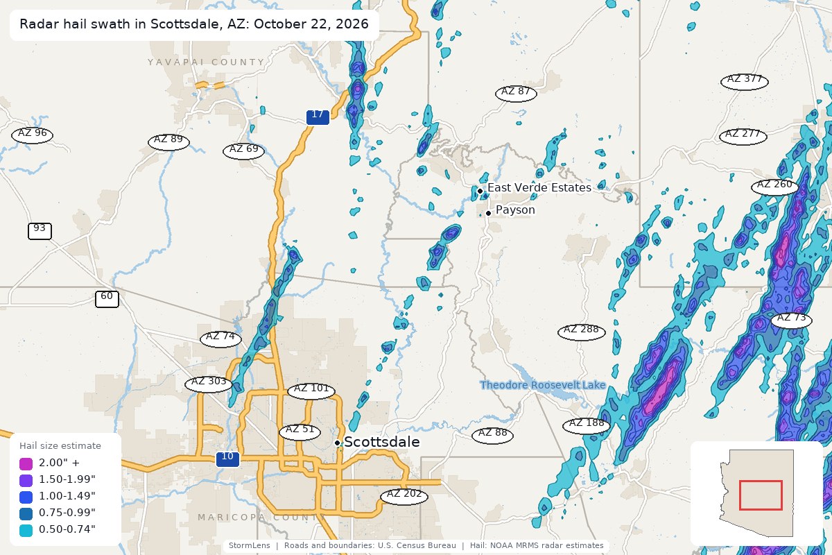 Radar-estimated hail swath in Scottsdale, AZ on October 22, 2026; colors show estimated hail sizes