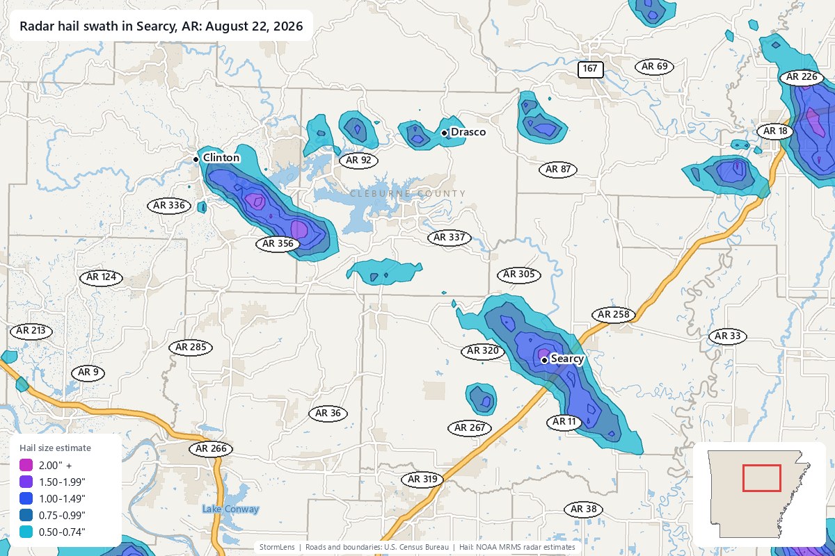 Radar-estimated hail swath in Searcy, AR on August 22, 2026; colors show estimated hail sizes