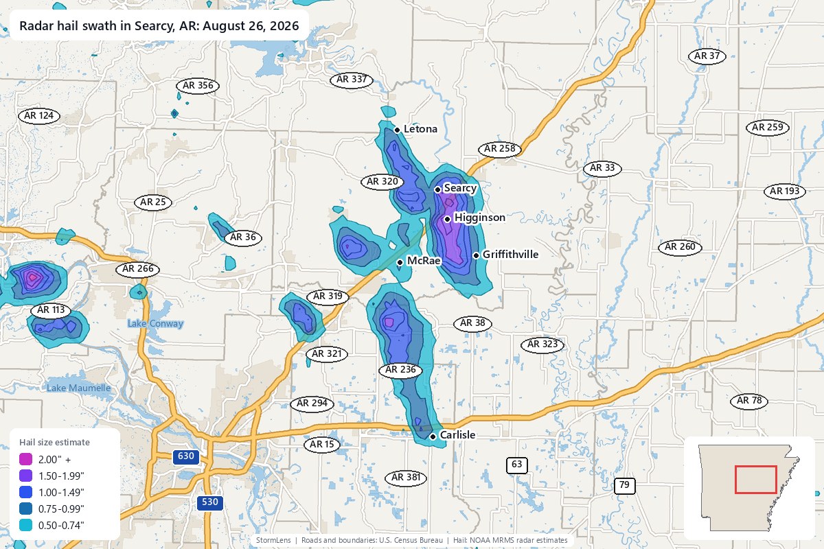 Radar-estimated hail swath in Searcy, AR on August 26, 2026; colors show estimated hail sizes