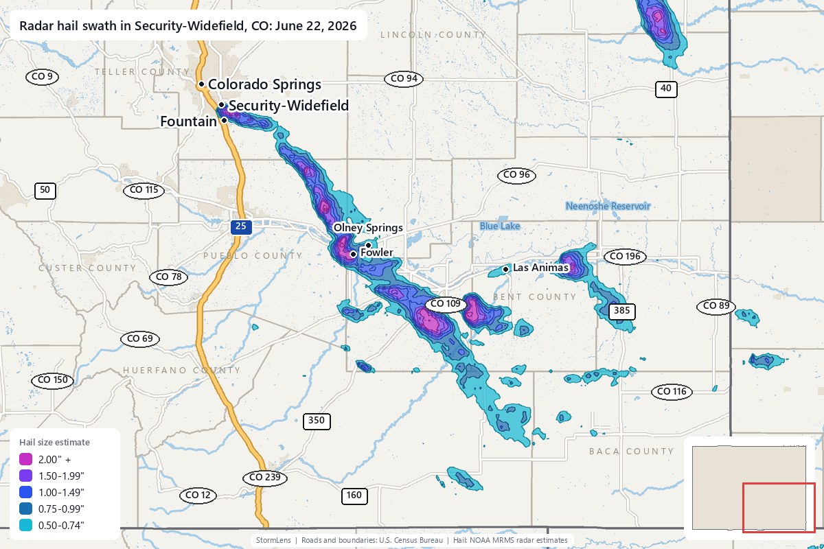 Radar-estimated hail swath in Security-Widefield, CO on June 22, 2026; colors show estimated hail sizes