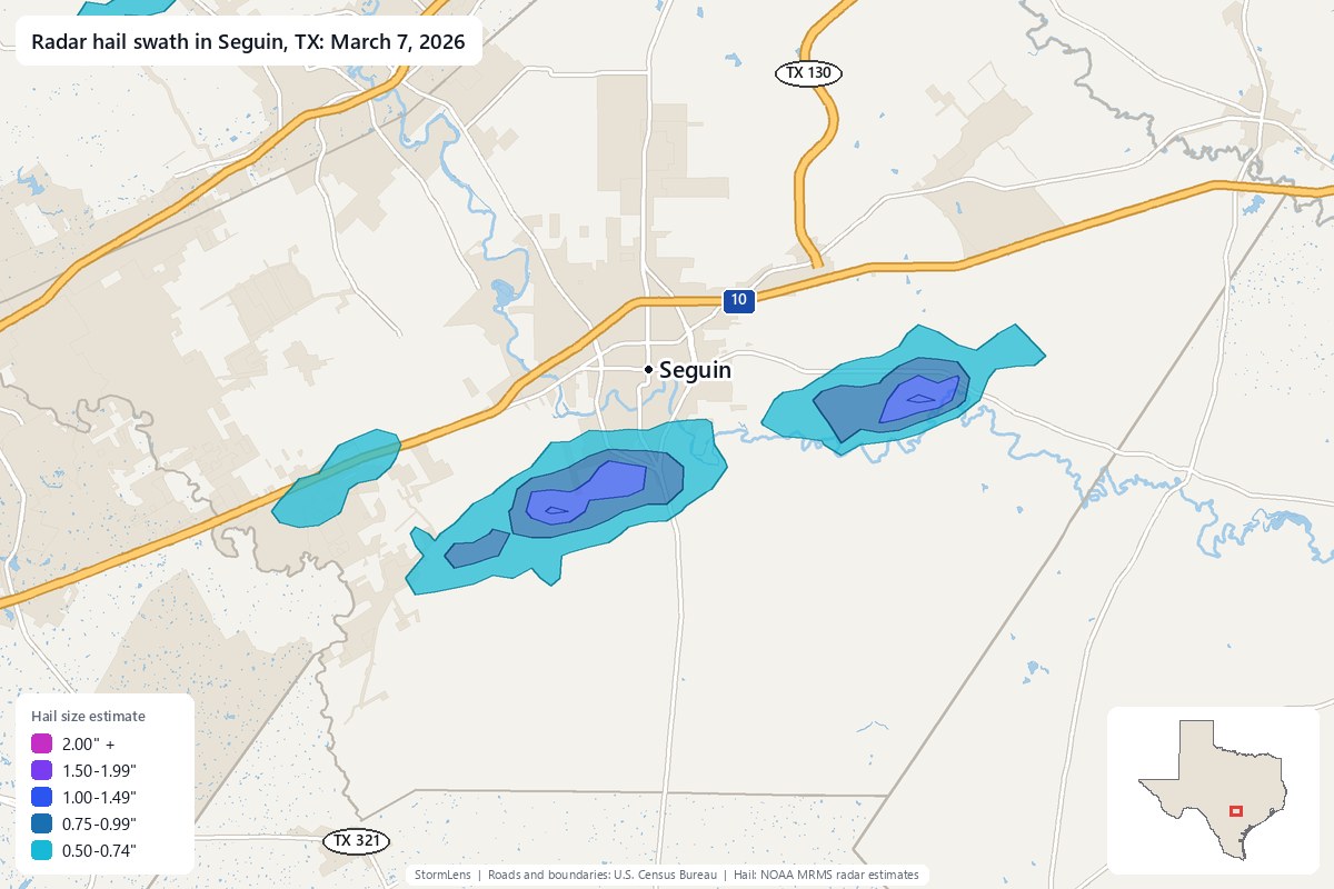 Radar-estimated hail swath in Seguin, TX on March 7, 2026; colors show estimated hail sizes