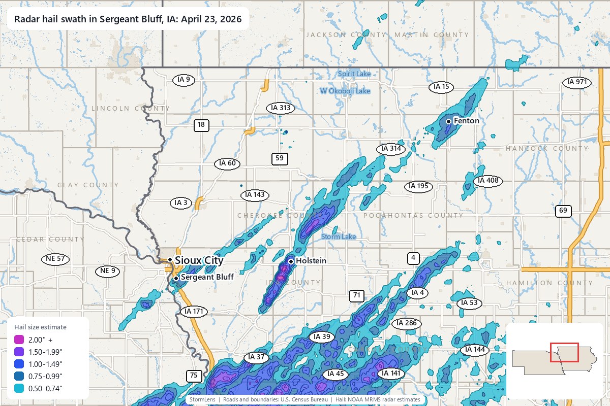 Radar-estimated hail swath in Sergeant Bluff, IA on April 23, 2026; colors show estimated hail sizes