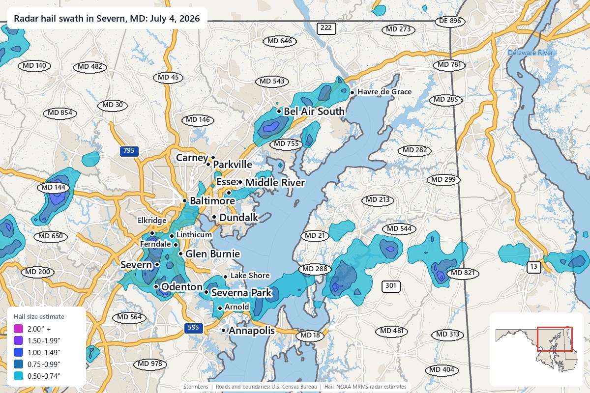 Radar-estimated hail swath in Severn, MD on July 4, 2026; colors show estimated hail sizes