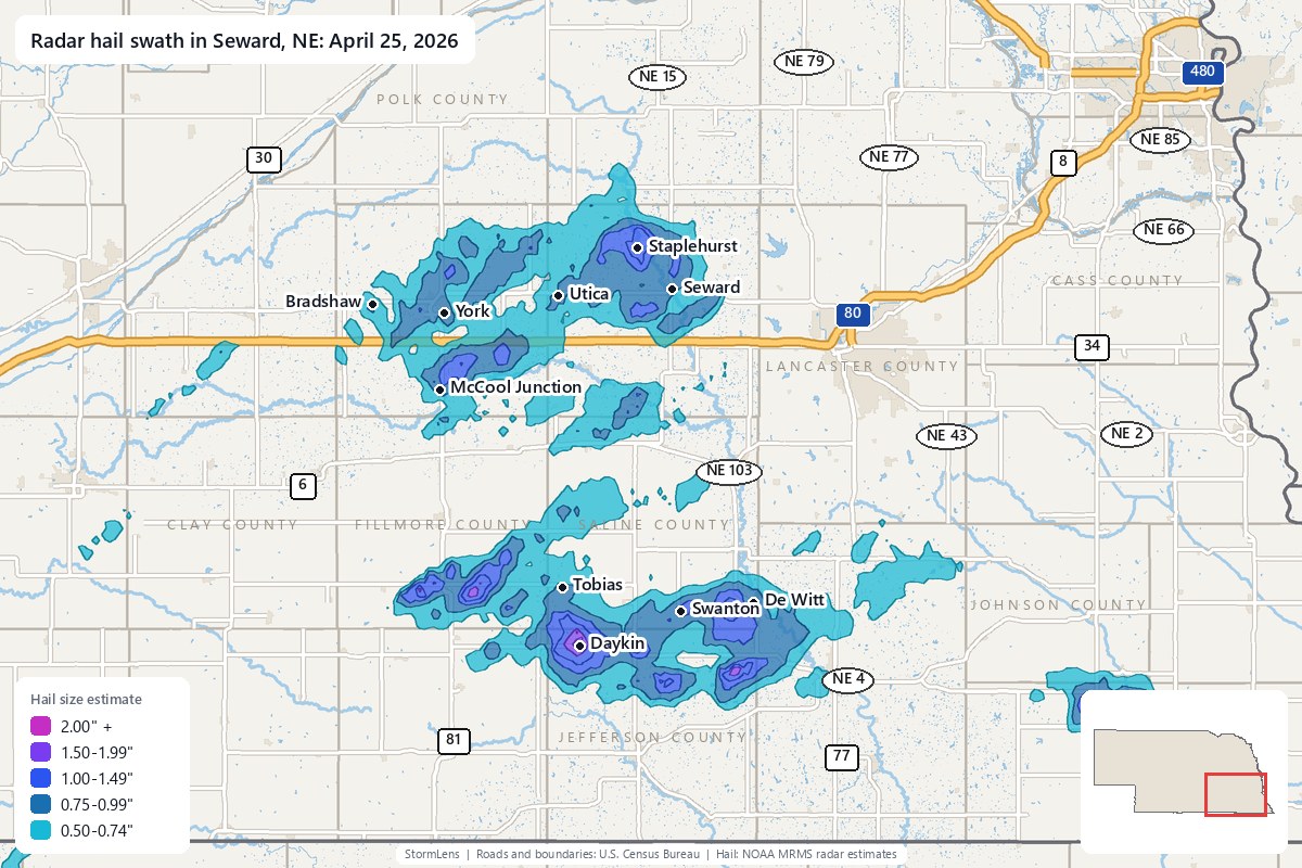Radar-estimated hail swath in Seward, NE on April 25, 2026; colors show estimated hail sizes