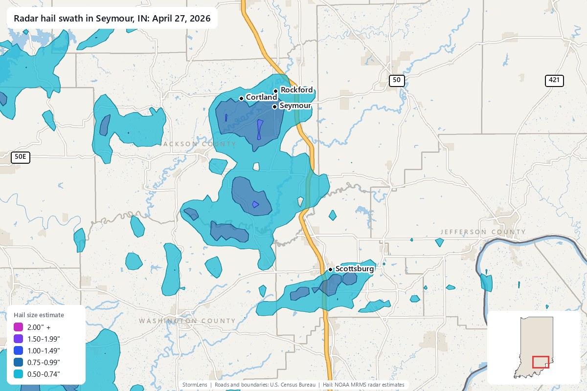 Radar-estimated hail swath in Seymour, IN on April 27, 2026; colors show estimated hail sizes